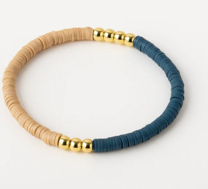 Perlenarmband mehrfarbig - Blau Beige Gold handgefertigt